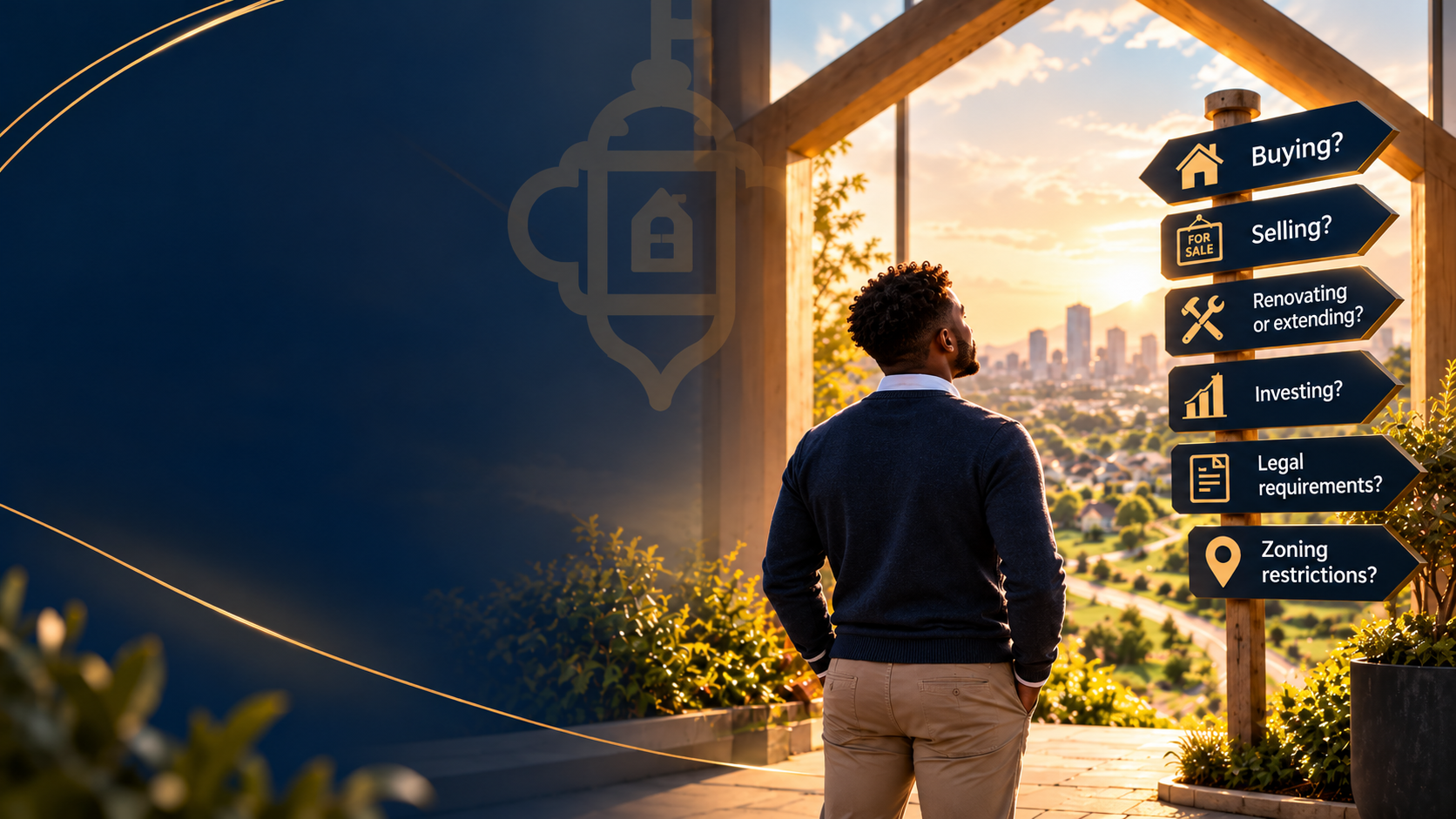A signpost at sunset asking: Buying? Selling? Renovating or extending? Investing? Legal requirements? Zoning restrictions?